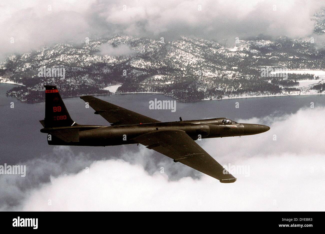 The Lockheed U-2, nicknamed 'Dragon Lady', is a single-engine, high-altitude reconnaissance aircraft operated by the United States Air Force (USAF) and previously flown by the Central Intelligence Agency (CIA). It provides day and night, very high-altitude (70,000 feet / 21,000 m), all-weather intelligence gathering Stock Photo
