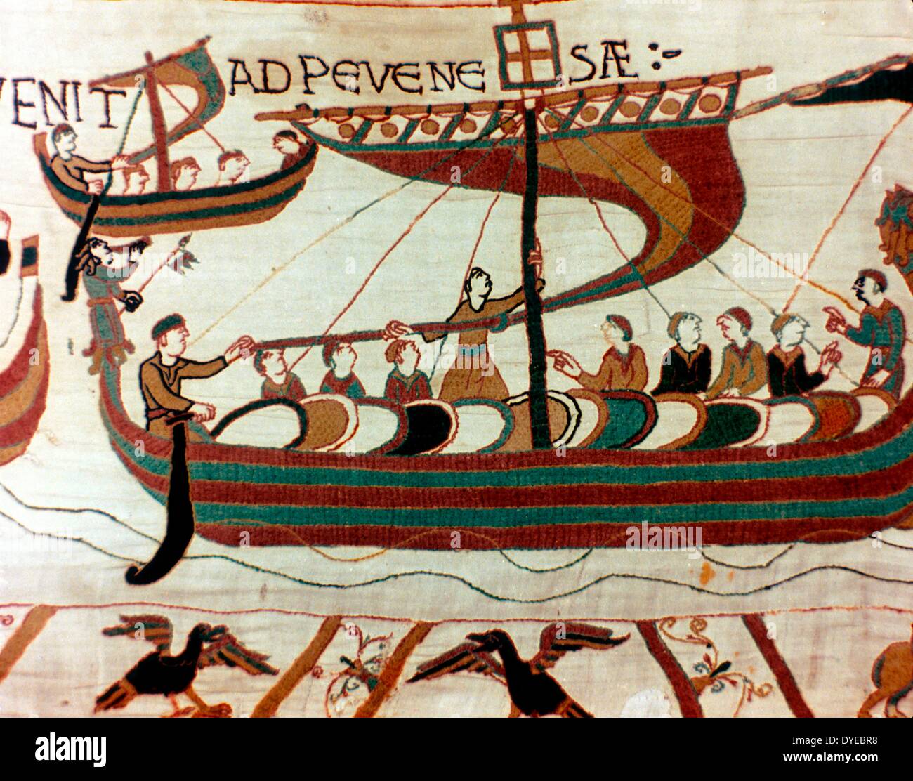 scene from the Bayeux Tapestry an embroidered cloth nearly 70 metres (230 ft) long, which depicts the events leading up to the Norman conquest of England concerning William, Duke of Normandy and Harold, Earl of Wessex, later King of England, and culminating in the Battle of Hastings in 1066 Stock Photo