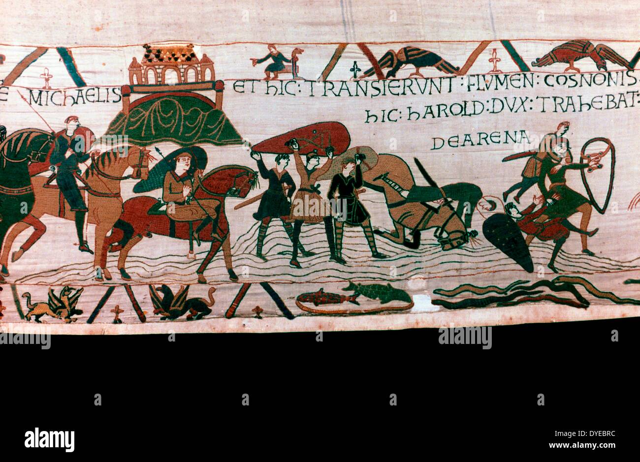 scene from the Bayeux Tapestry an embroidered cloth nearly 70 metres (230 ft) long, which depicts the events leading up to the Norman conquest of England concerning William, Duke of Normandy and Harold, Earl of Wessex, later King of England, and culminating in the Battle of Hastings in 1066 Stock Photo