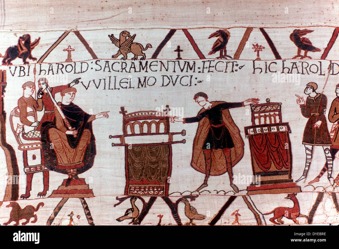 scene from the Bayeux Tapestry an embroidered cloth nearly 70 metres (230 ft) long, which depicts the events leading up to the Norman conquest of England concerning William, Duke of Normandy and Harold, Earl of Wessex, later King of England, and culminating in the Battle of Hastings in 1066 Stock Photo