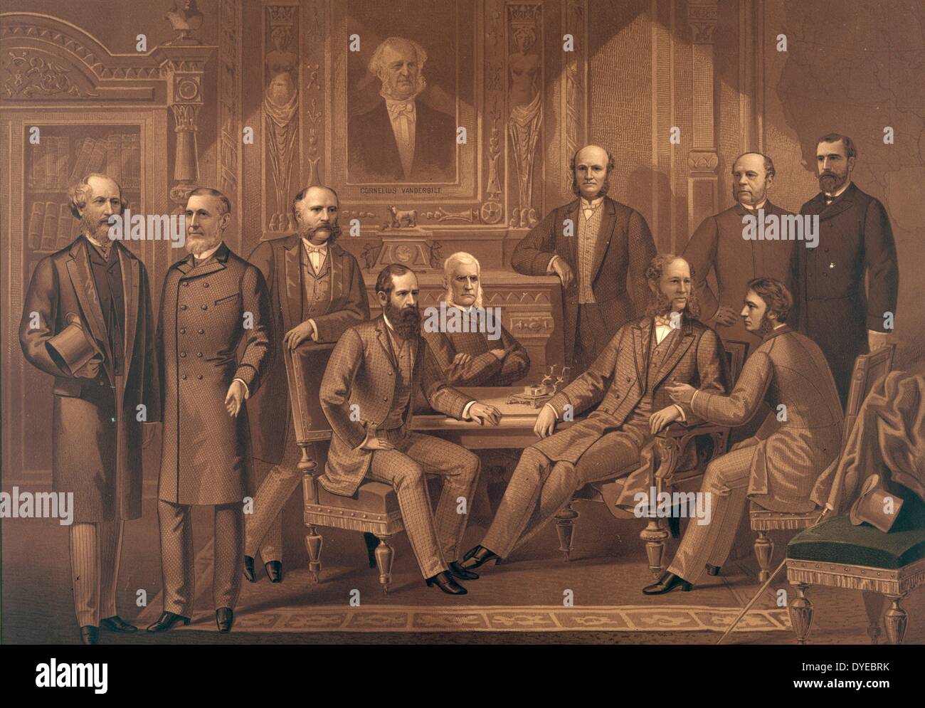 The Kings of Wall Street, left to right: Cyrus Field, Russell Sage, Rufus Hatch, Jay Gould, Sydney Dillon, D.O. Mills, W.H. Vanderbilt, August Belmont, George Ballou, Jas.R. Keene. There is a portrait of Cornelius Vanderbilt on the wall behind the royal court. The Kings of Wall Street was made up of American businessmen and financiers. Stock Photo