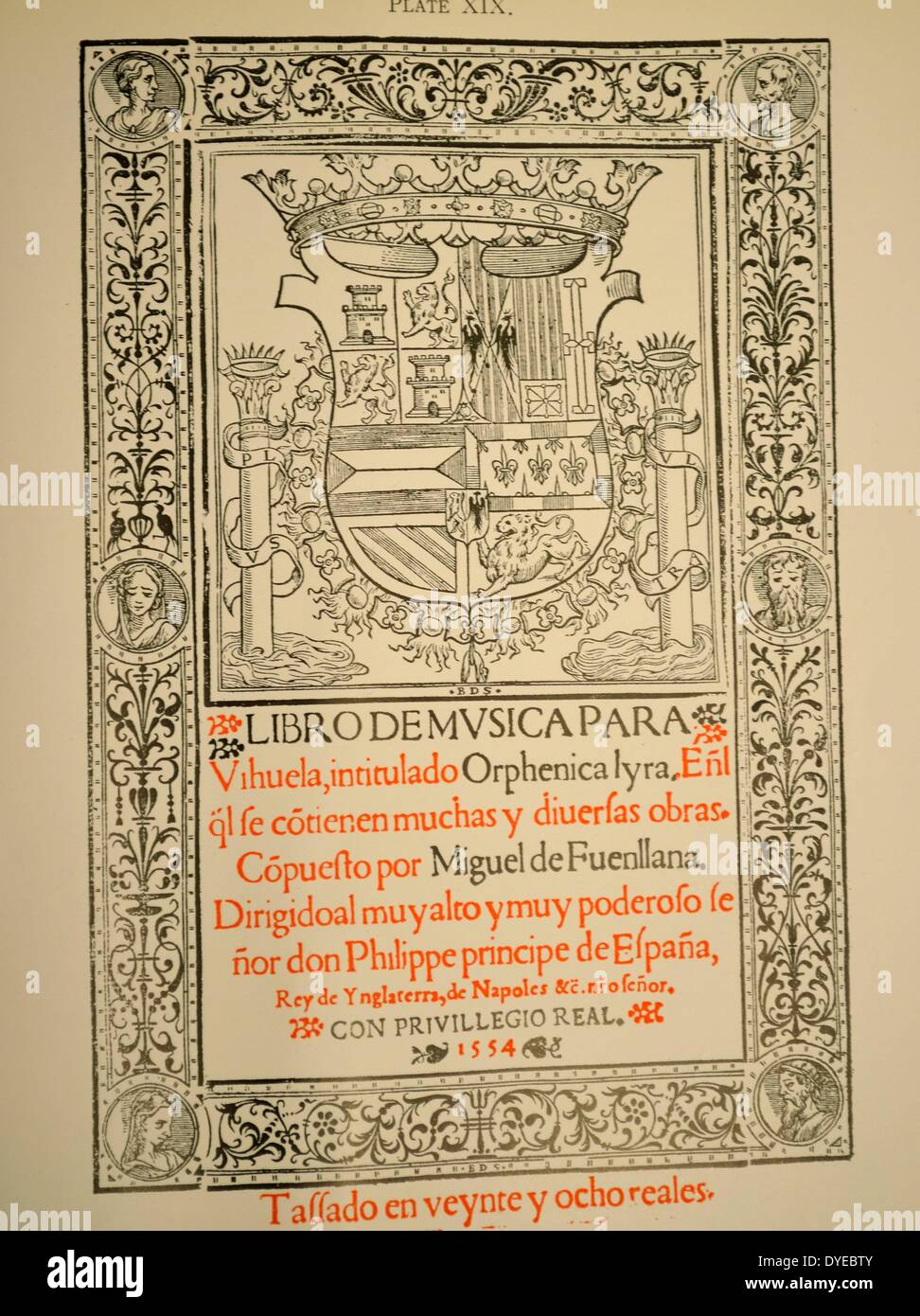 Title Page from Miguel de Fuenllana. Libro de Musica Para Vihuela, Intitulado Orphenica Lyra. Seville. Dated 1554 Stock Photo