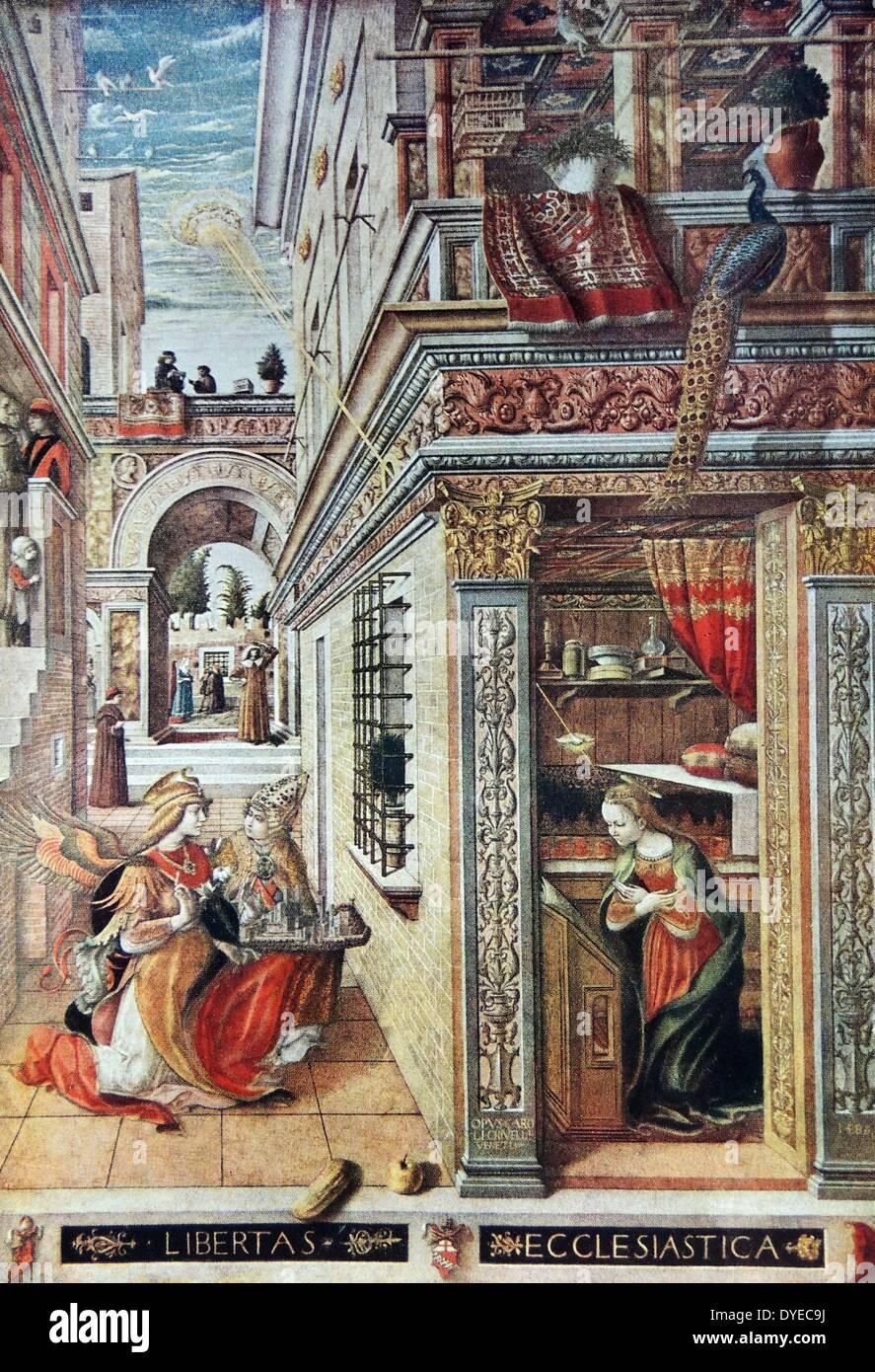 The Annunciation with St Emidius. The painting depicts the Archangel kneeling in an open courtyard announcing to the Virgin that she shall be the Mother of Christ. By Carlo Crivelli (1435 - 1495) Italian painter through the Renaissance and Gothic Art periods. Dated 1486 Stock Photo