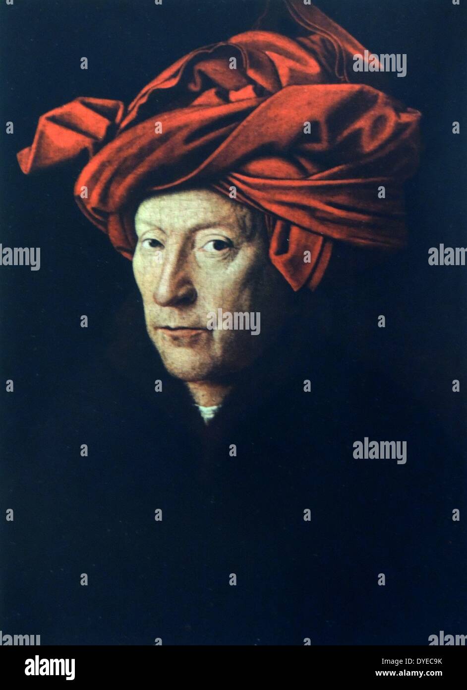 Life-size portrait of an unknown noble man wearing a dark cloak with fur collar and a dark red turban. By Jan van Eyck (1395 - 1441) Flemish painter. Stock Photo