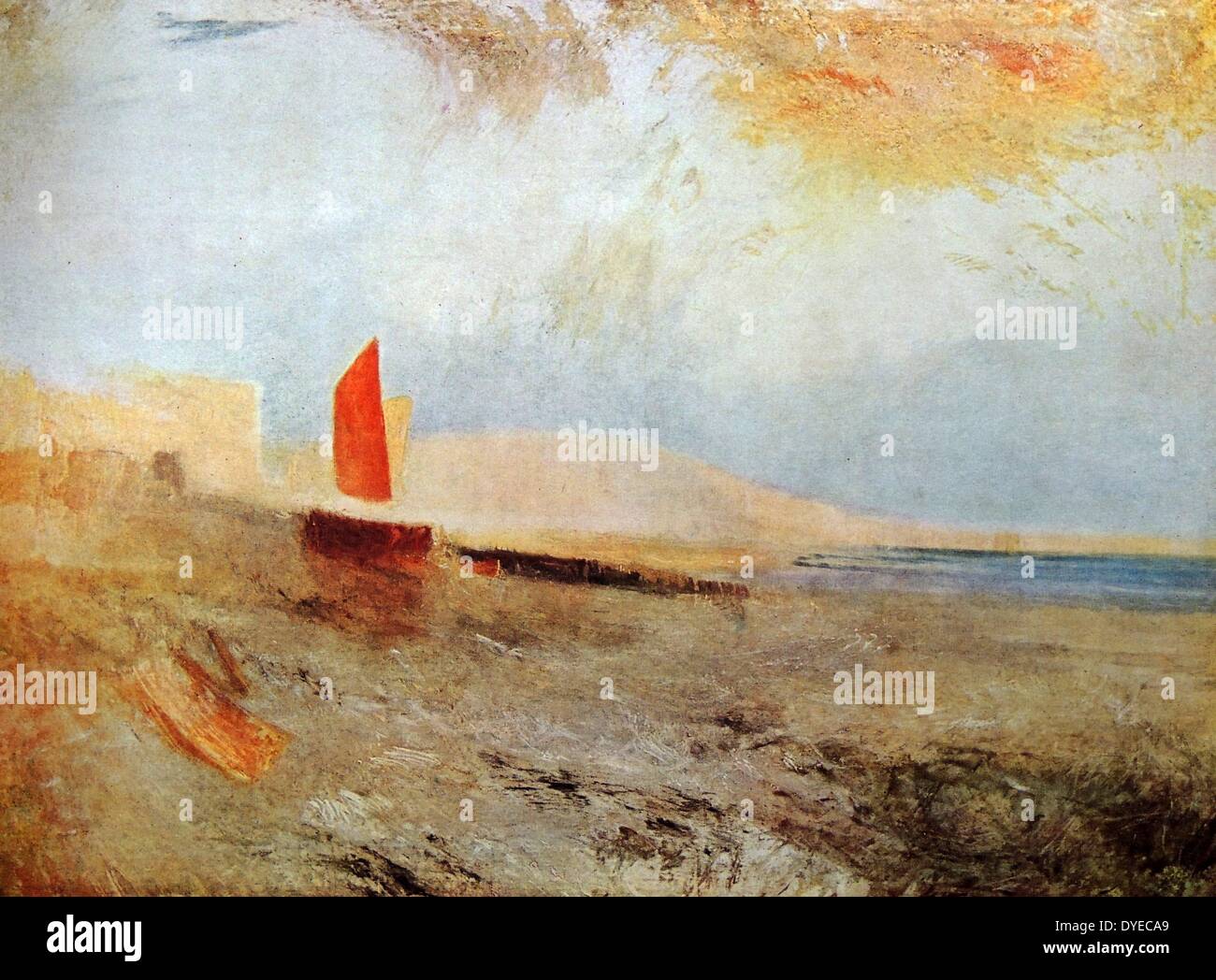 Watercolour landscape painting titled 'Hastings'. The painting depicts a single boat on shore with an orange sail. By Joseph Mallord William Turner (1775 - 1851) English romantic landscape painter. Dated 1818. Stock Photo