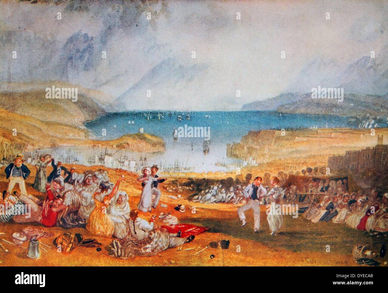 Watercolour landscape scene painting titled 'The Hoe, Plymouth'. The painting depicts a coastal scene with men and women celebrating and dancing, with the sea in the background populated with various boats. By Joseph Mallord William Turner (1775 - 1851) English romantic landscape painter. Dated 1812 Stock Photo