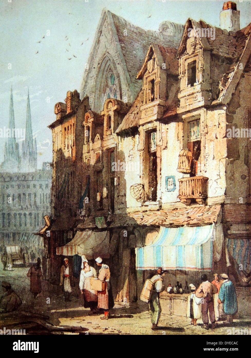 Watercolour painting of a busy Market Street in Normandy. In the background of the painting the spires of a Cathedral can be seen. By Samuel Prout (1783 - 1852). British water-colourist and architectural painter. Dated 1827 Stock Photo