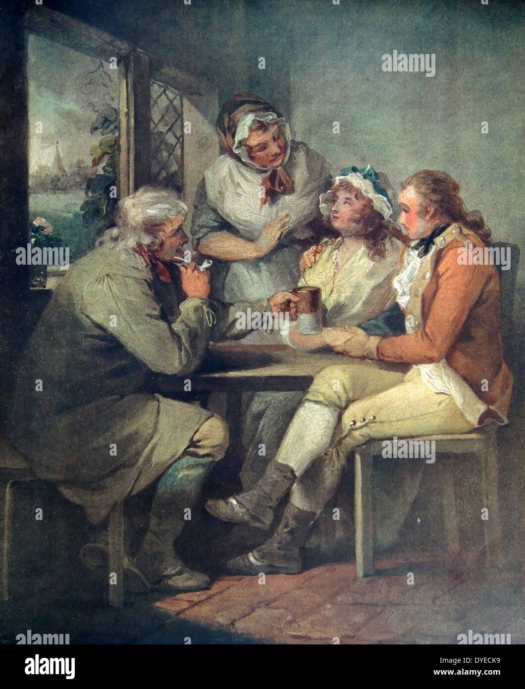 Watercolour painting titled 'Soldier's Return' depicts a family seated around a table listening to the stories of war. By George Morland (1763 - 1804) English painter of animals and rustic scenes. Dated 1792 Stock Photo