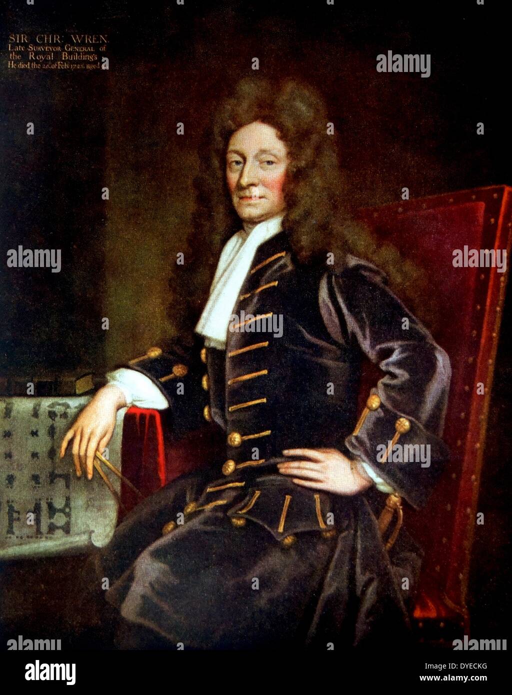 Portrait of Sir Christopher Wren (1632 - 1723) English architect seen in this portrait with some blueprints and a measurement tools. By Sir Godfrey Kneller (1646 - 1723) The leading portrait painter in England during the late 17th Century. Dated 17th Century Stock Photo