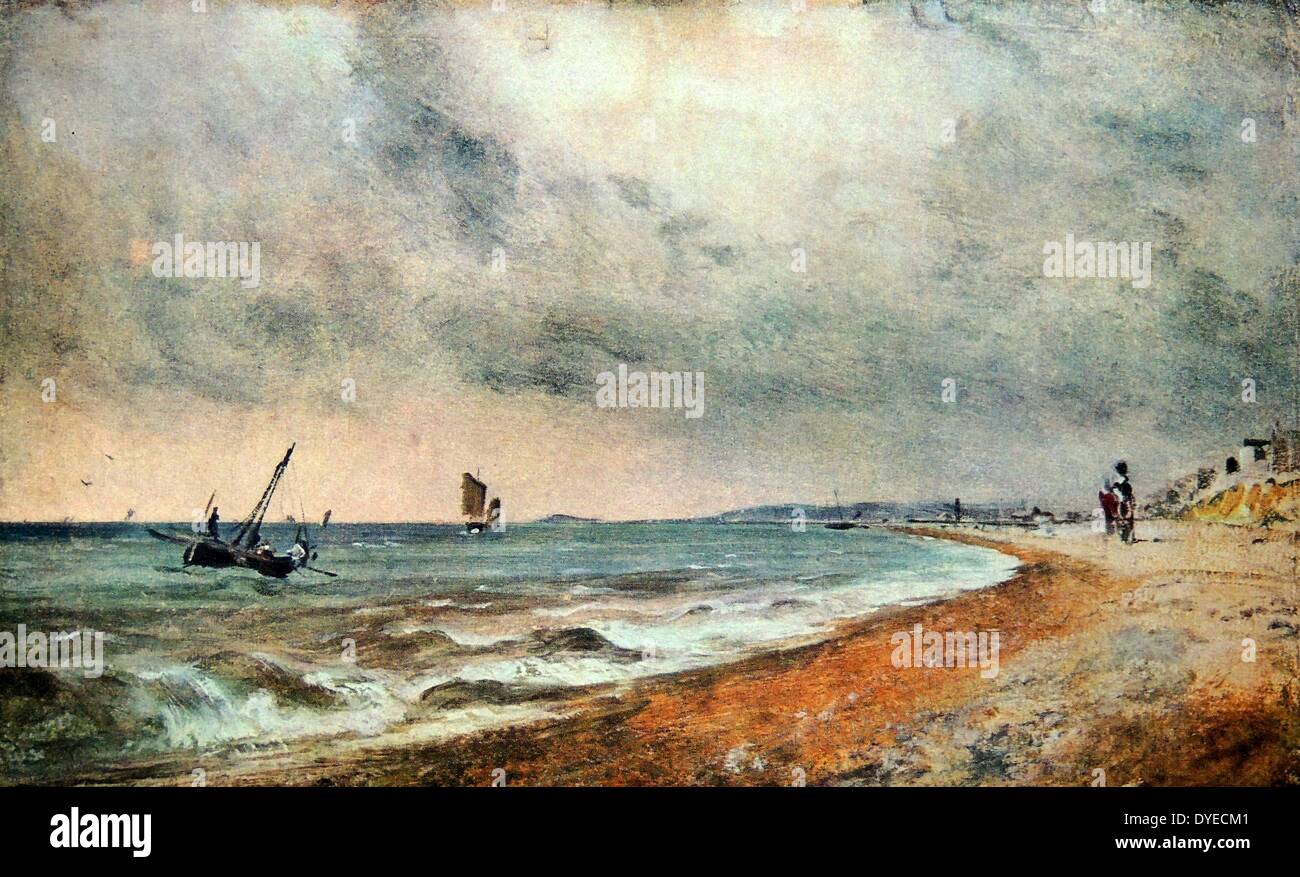 Oil Landscape painting titled 'Hove Beach with Fishing Boats'. The painting depicts fishing boats close to Hove Beach in England. By John Constable (1776 - 1837) English Romantic painter known for his landscape paintings. Dated 1824 Stock Photo