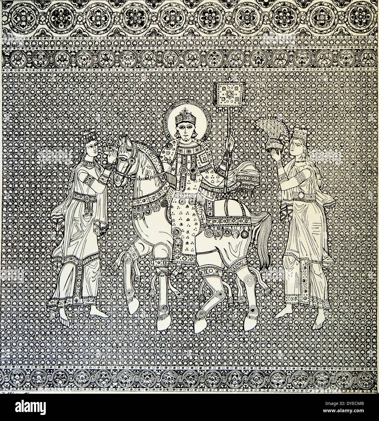 Illustration of the restored fabric found in the treasure of Bamberg. Dated 3rd Century Stock Photo