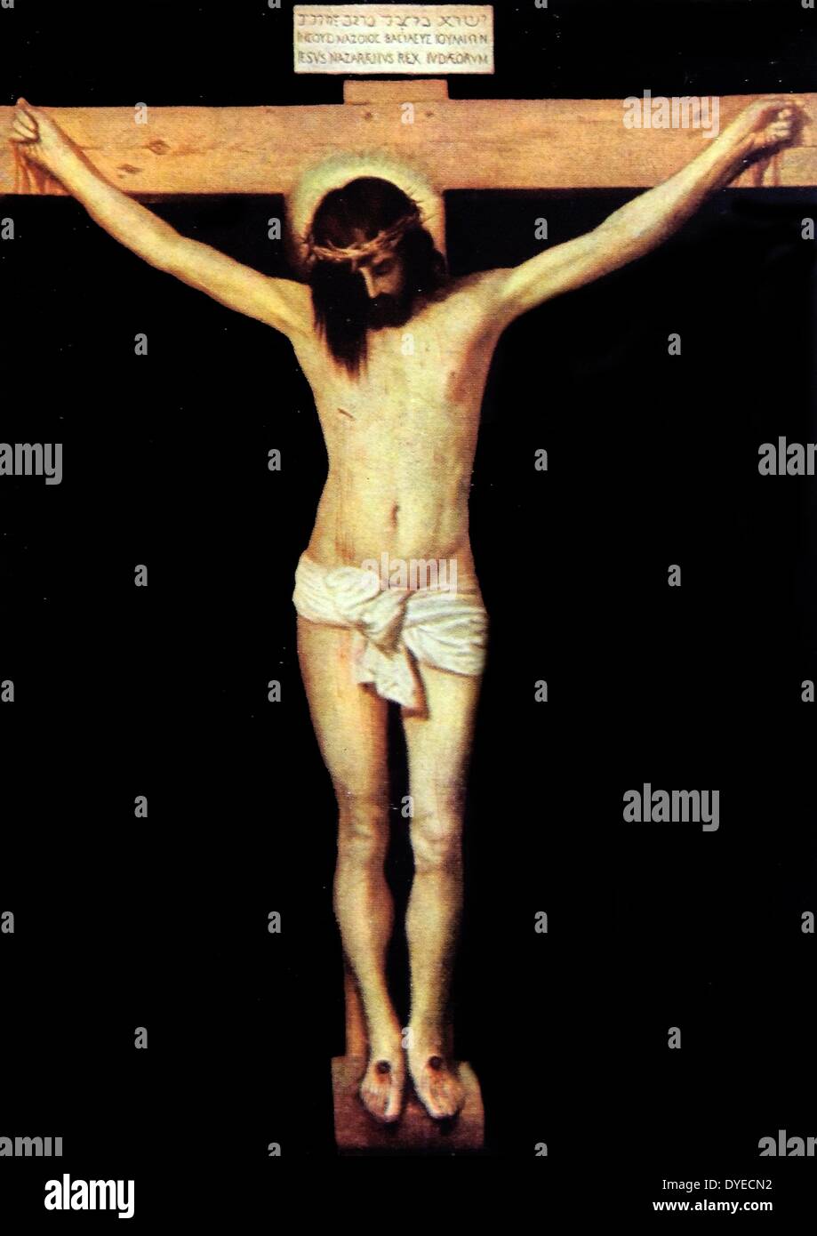 Oil painting of Christ being Crucified on the Cross. Christ is depicted in a classic contrapposto posture, with nails in his hands and feet. By Diego Velázquez (1599 - 1660) Spanish painter who was the leading artist in the court of King Philip IV. Dated 1632. Stock Photo