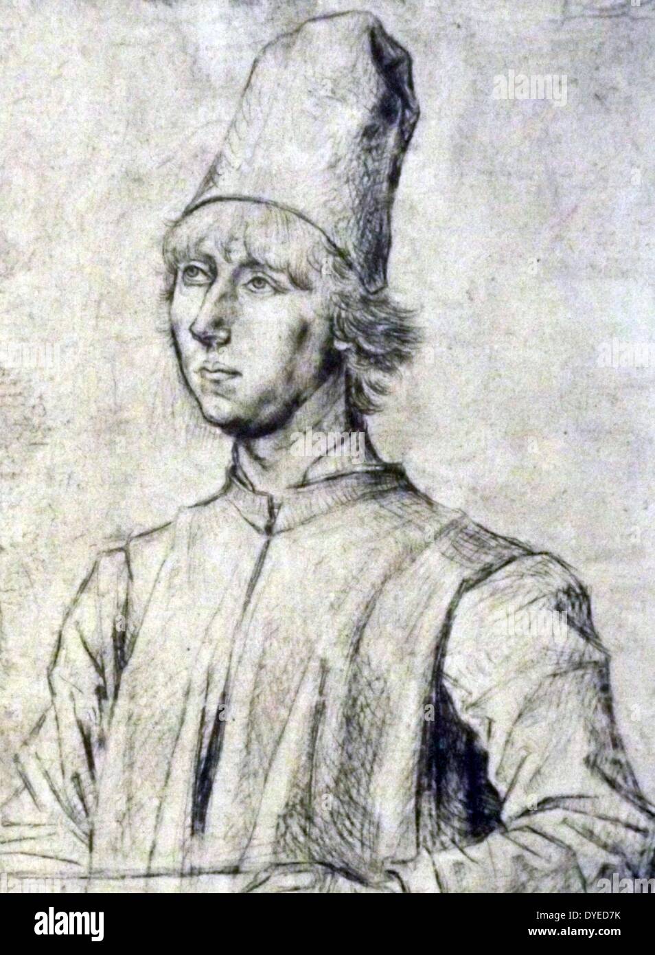 Portrait of a young man wearing hat. By Dieric Bouts (1415- 1475). Netherlandish painter. Dated 15th Century Stock Photo