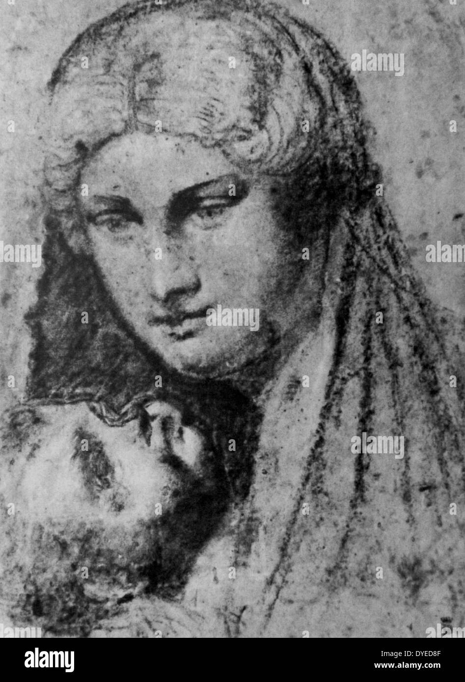 Black chalk sketch of Mother and Child by Titian (1485 - 1576) Italian painter and member of the 16th Century Venetian School. Dated 16th Century. Stock Photo
