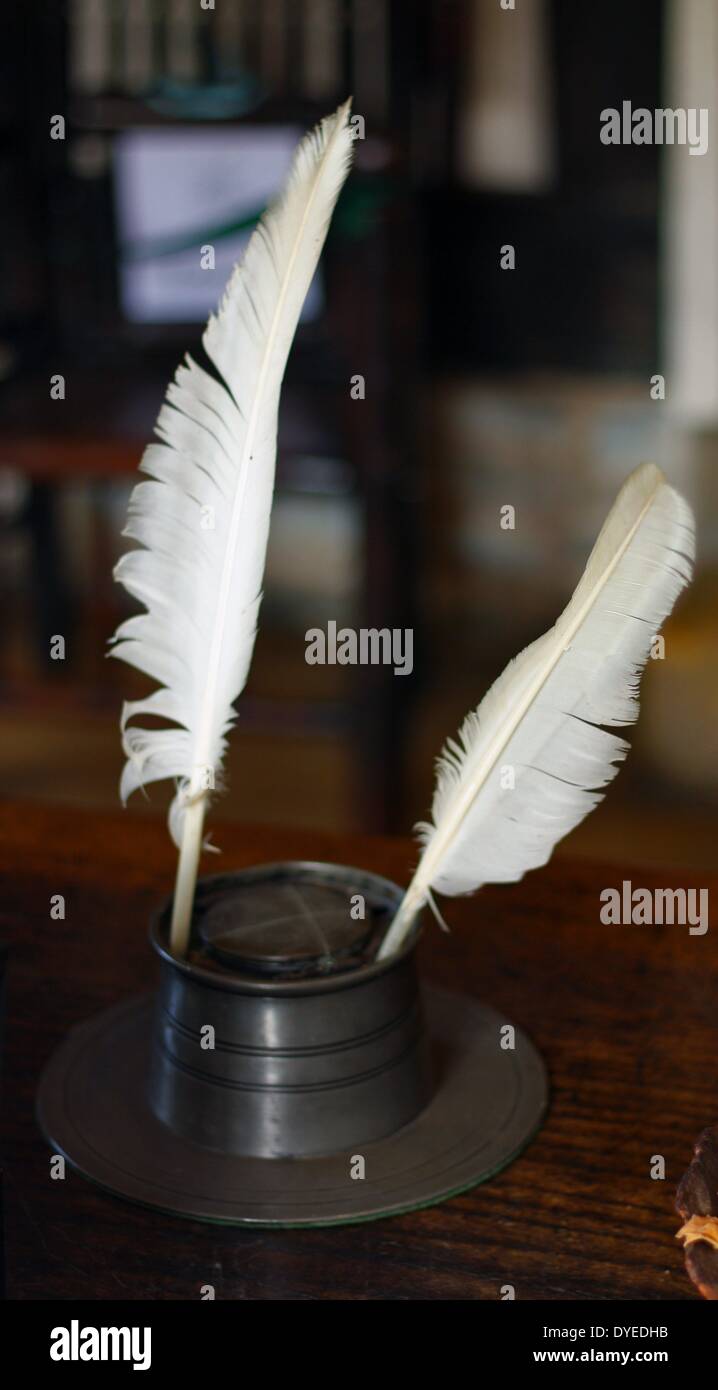 Elizabethan Quill Pen and Ink Well Stock Photo
