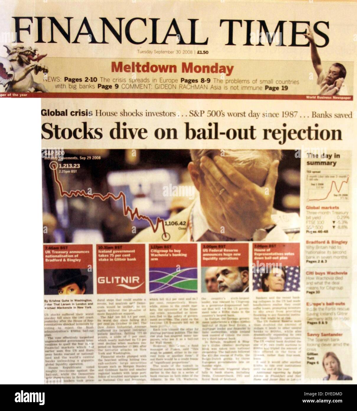 Front page of the Financial Times 2008. Stocks dive on bail-out rejection. Stock Photo