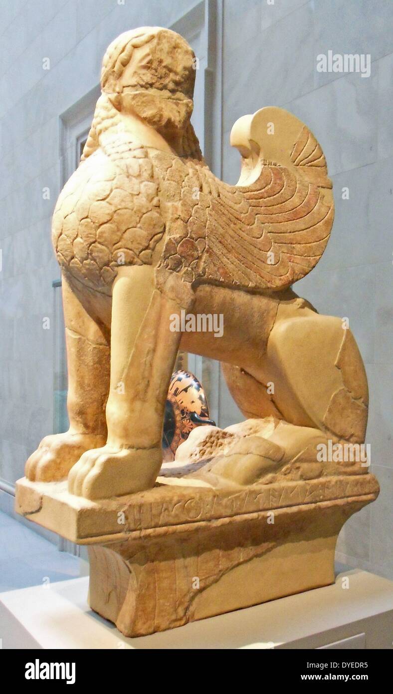 Marble Sphinx on a Cavetto Capital 585 B.C. Stock Photo
