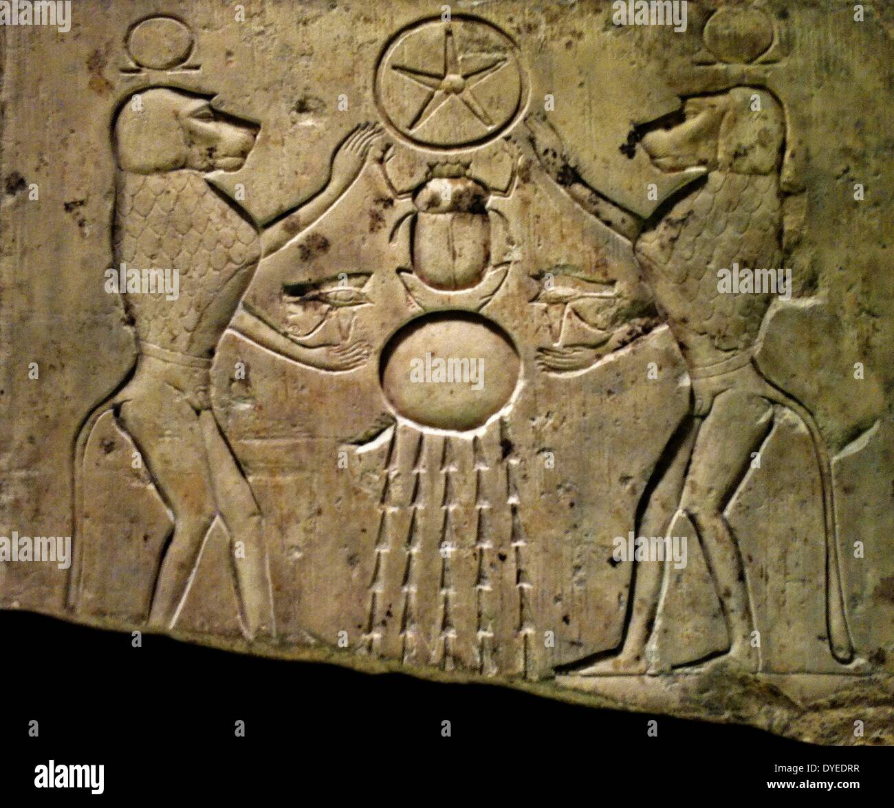 Relief Panel showing Baboons worshiping the God Khepri 3rd Century B.C. Stock Photo