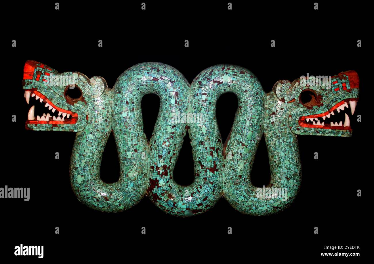 Double Headed Serpent 1400 A.D Turquoise Mosaic. Mixtec-Aztec Stock Photo
