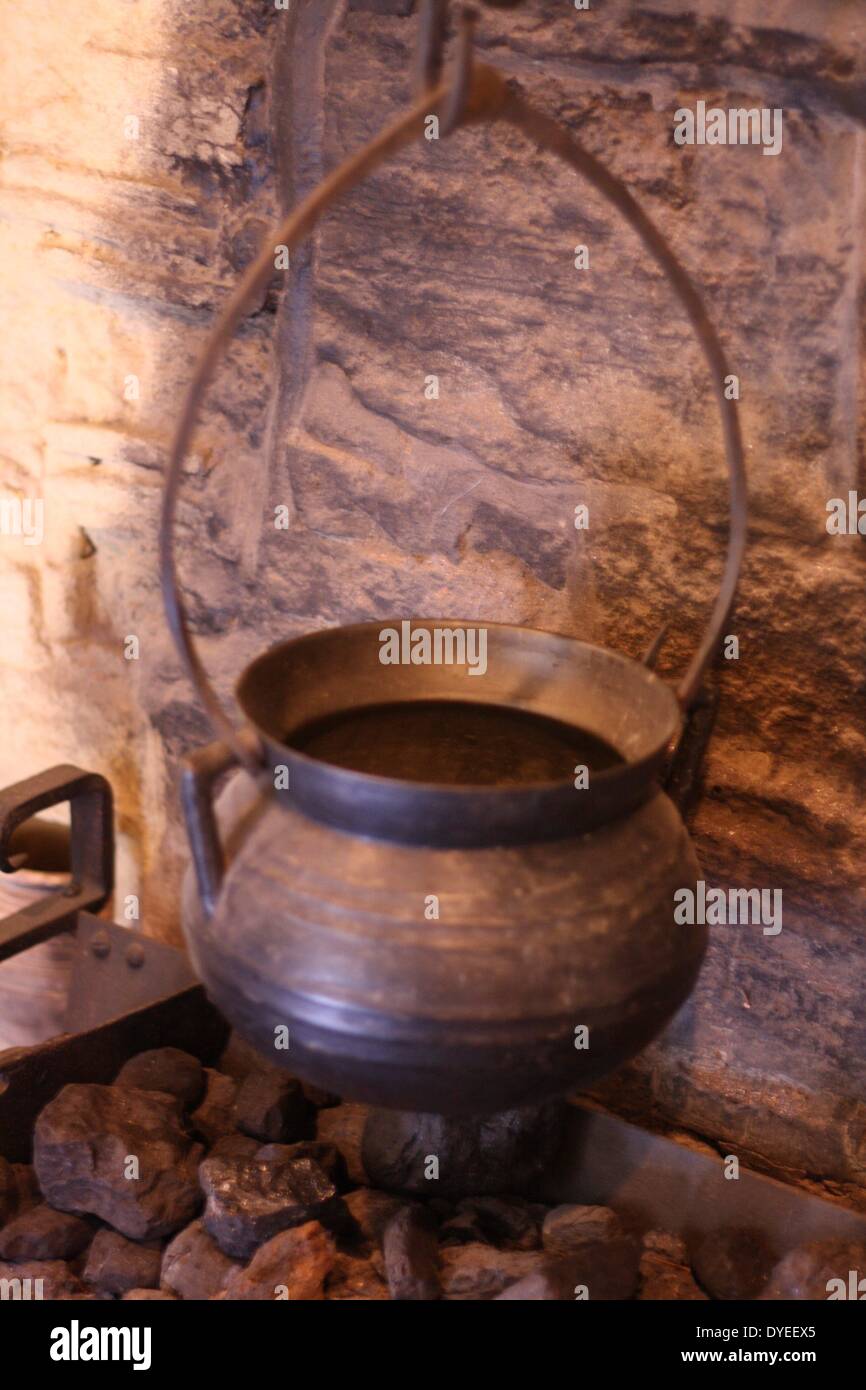 Metal Cauldron Suspended in a Fireplace 16th Century. Located in William Shakespeare's supposed