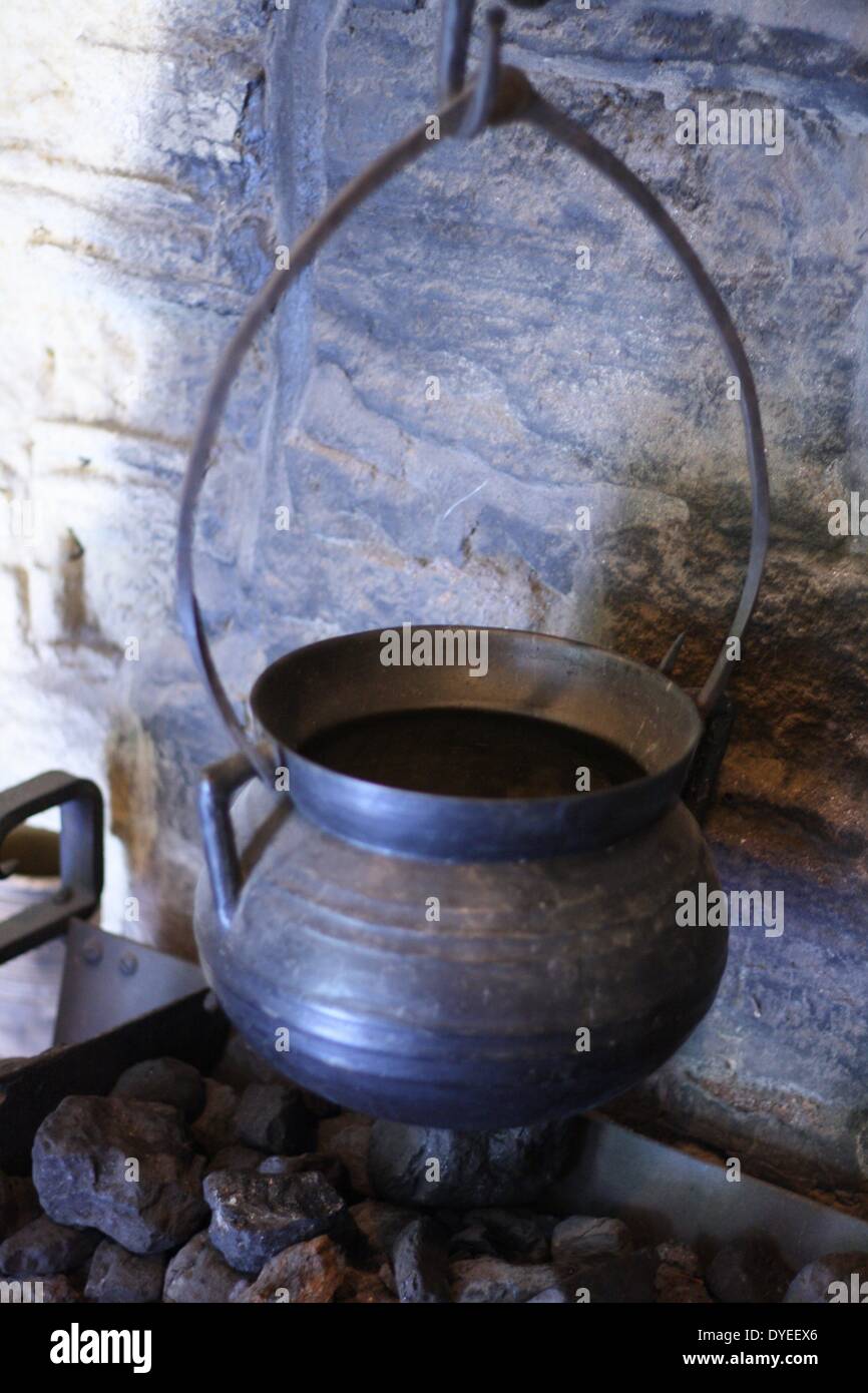 Metal Cauldron Suspended in a Fireplace 16th Century. Located in William Shakespeare's supposed