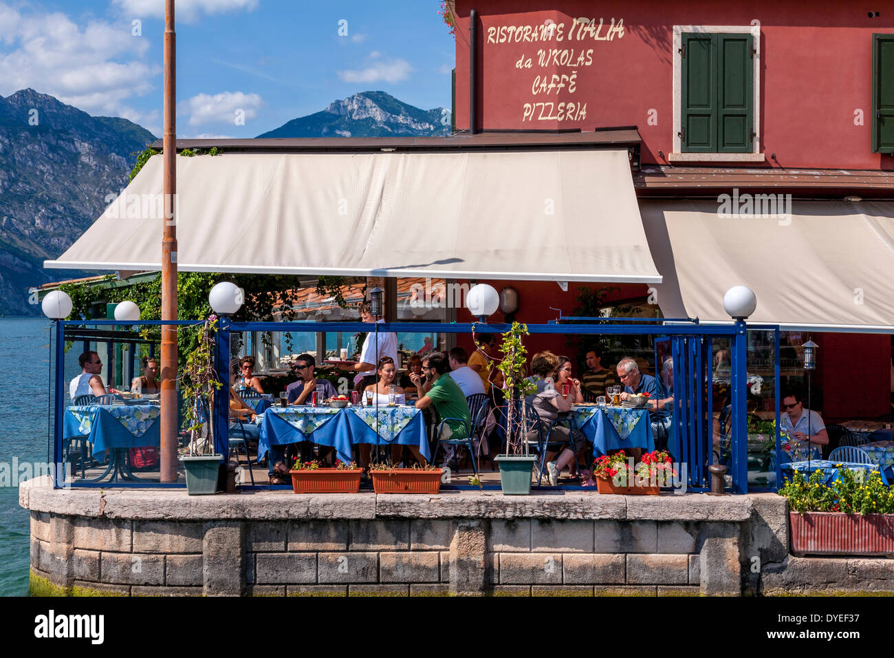 Lakeside Restaurant, Malcesine, Veneto, Italy Stock Photo