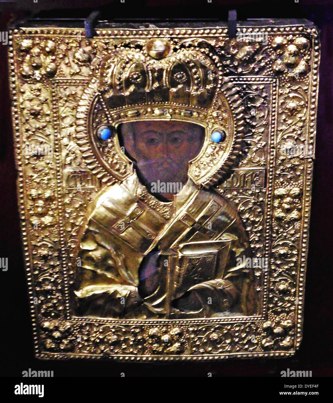 Saint Nicholas on wood with Jewelled Brass Cober 1767 A.D. Stock Photo