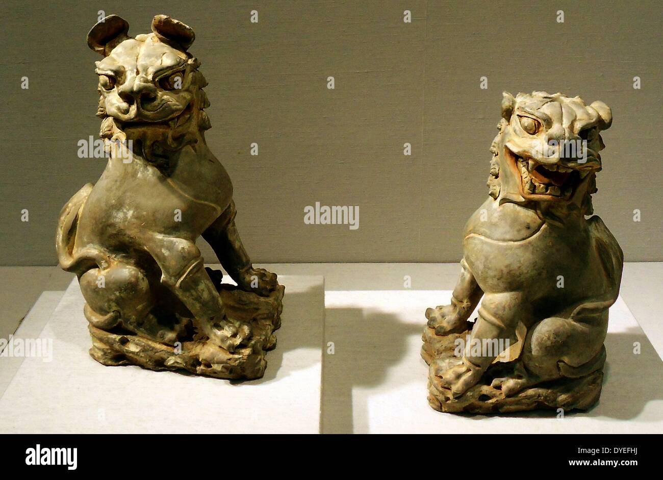 Pair of Seated Lions from the Tang Dynasty 7th Century A.D. Stock Photo