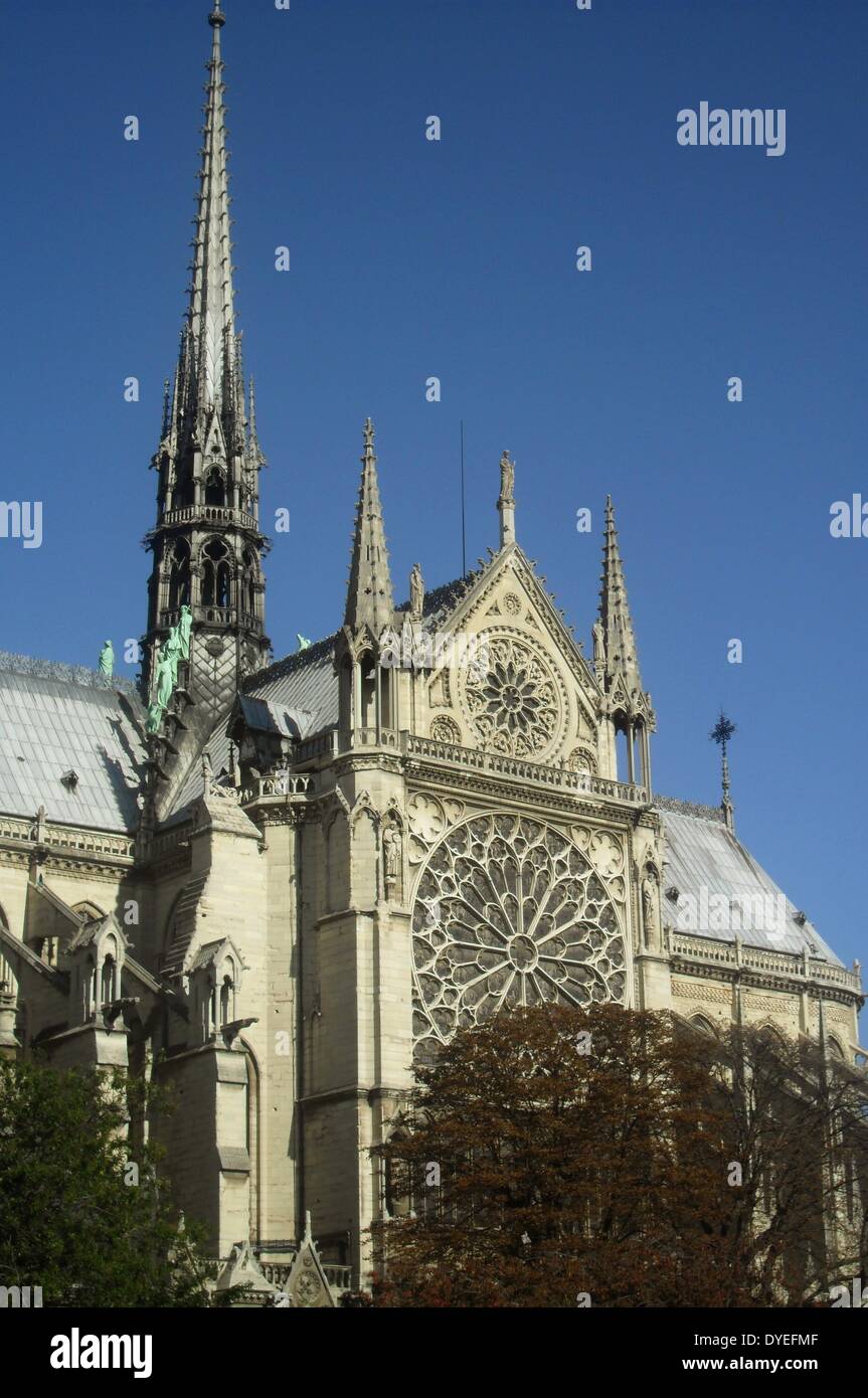 View of Notre Dame Cathedral 2013. Completed in 1345 in French Gothic Style. Stock Photo