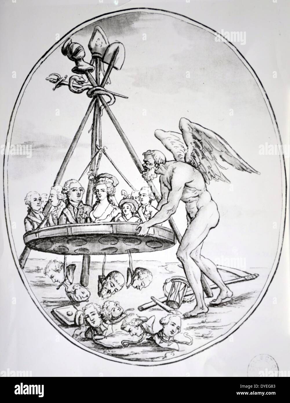 Le Crible de la Révolution. The riddle of the revolution 1789 caricature depicting the role of Louis Philippe Joseph d'Orléans (13 April 1747 – 6 November 1793). Commonly known as Philippe, he was a member of a cadet branch of the House of Bourbon, the ruling dynasty of France. He actively supported the French Revolution and adopted the name Philippe Égalité, but was nonetheless guillotined during the Reign of Terror Stock Photo