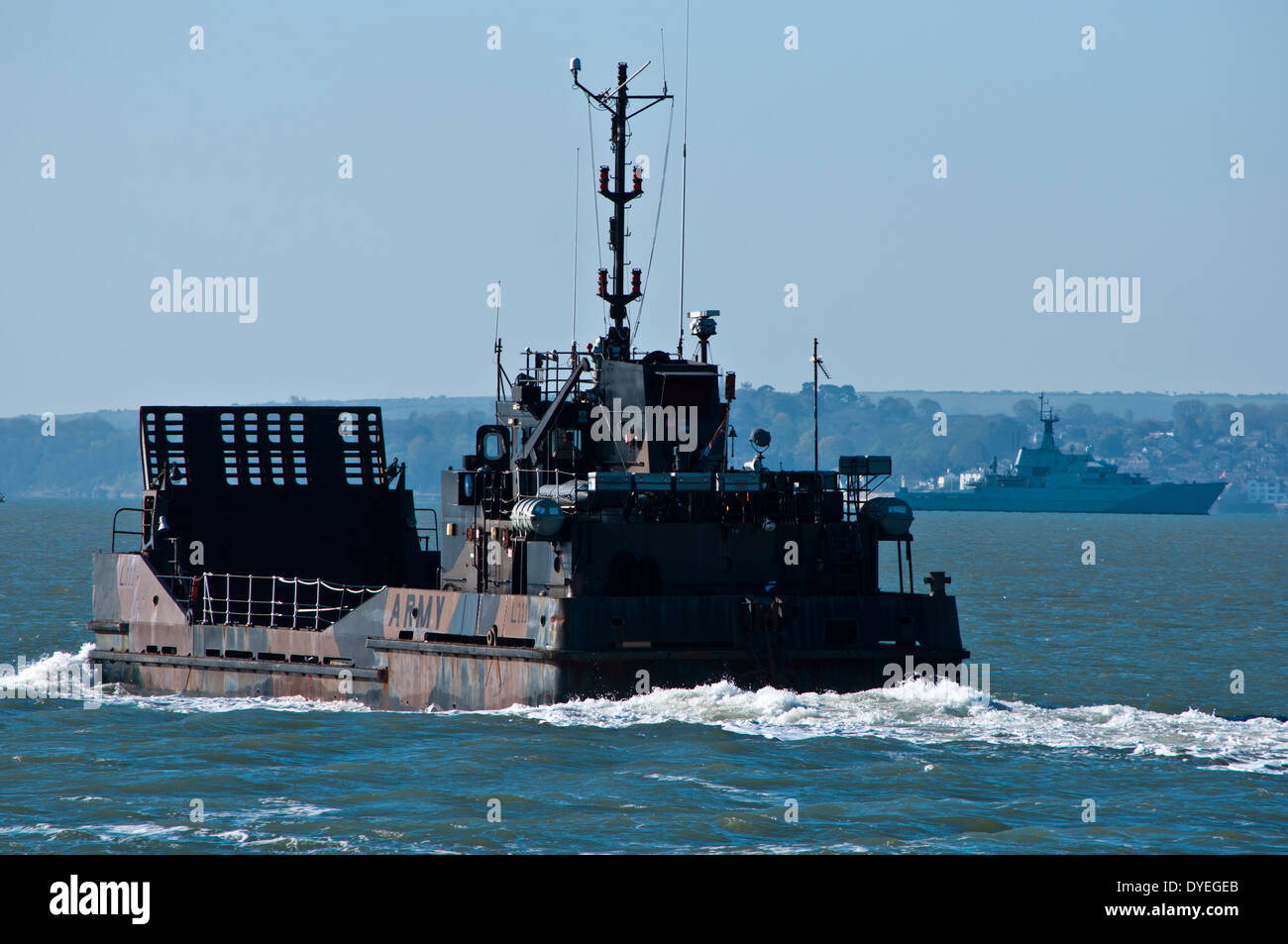Army landing craft leaving Portsmouth harbour Stock Photo