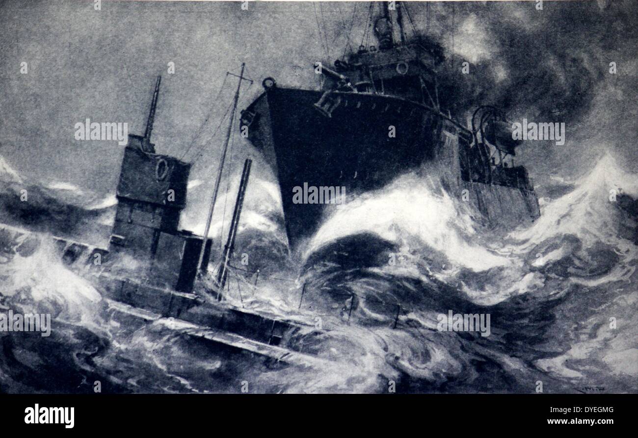 German submarine rammed by the British Destroyer Badger, off the Belgian coast. On October 24th 1914, when the great Battle of the Coast was raging between Nieuport and Ypres and when the British warships were shelling the German positions, German submarines, which had invaded the British mine-field north and west of Ostend, made many daring attempts to get home torpedo attacks, which were successfully foiled by the presence of several British protecting destroyers. Stock Photo