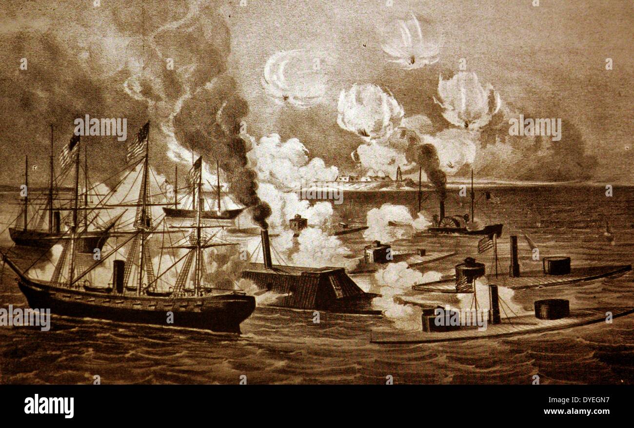 The Battle of Mobile Bay, August 5th 1864. This print shows the old type broadside ship, the improvised paddle gunboat, the ironclad ram Tennessee, which the Confederates built in face of so many difficulties and the primitive monitors which defeated her. Stock Photo