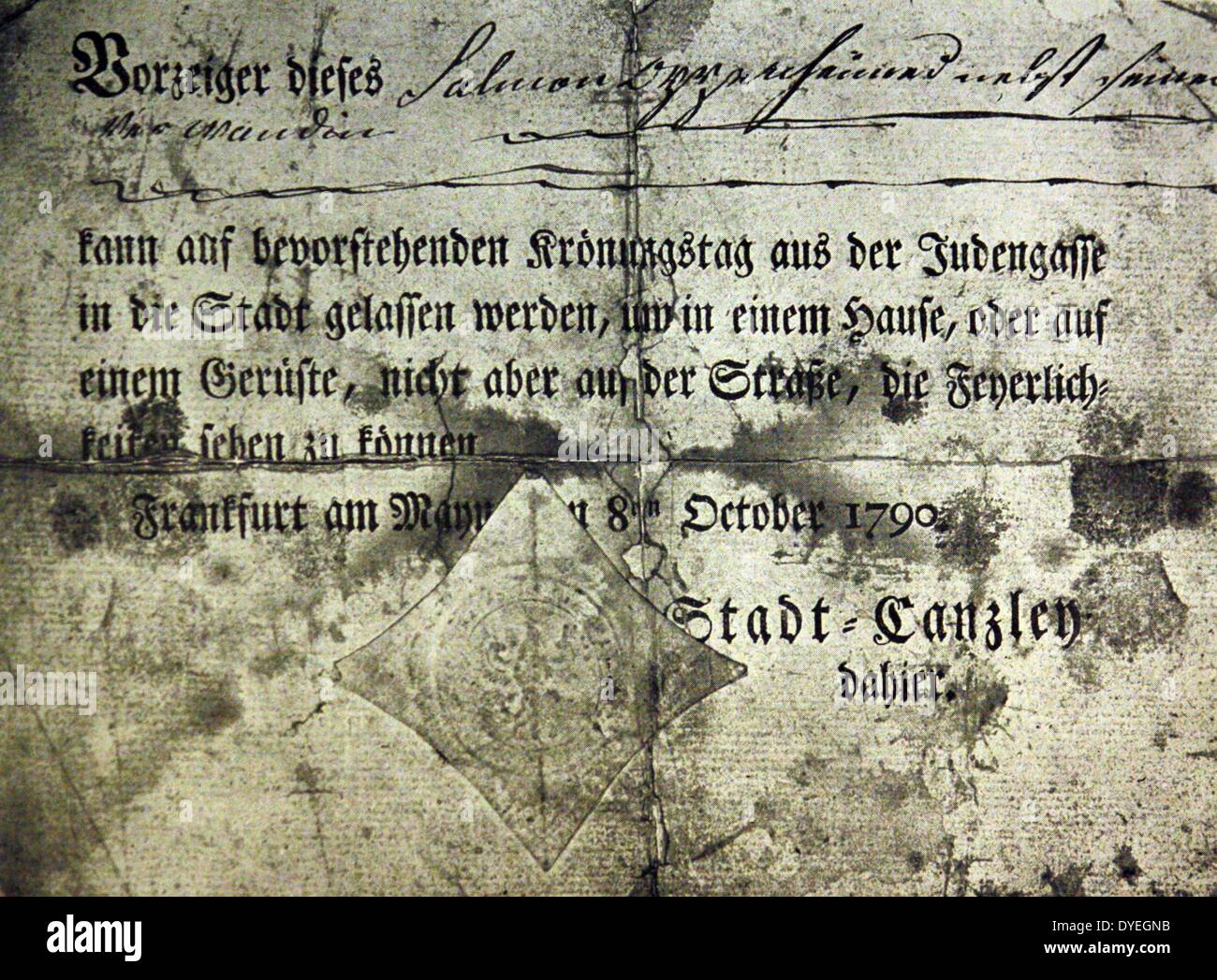 Anti-Semitism : A pass issued to Jews in Frankfurt in 1790. Stock Photo