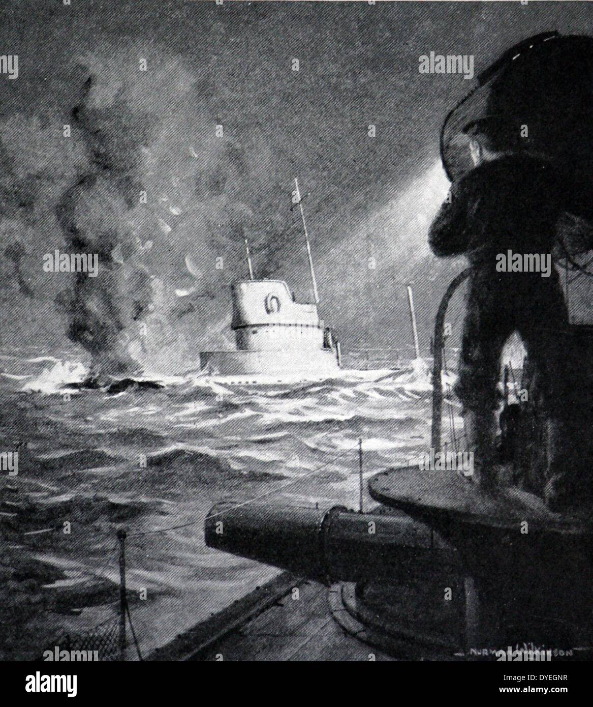 German submarine rammed by a British Destroyer. The ultimate fate of the submarine is uncertain but the German authorities announced that she got back to harbour. October 24th, 1914. Stock Photo