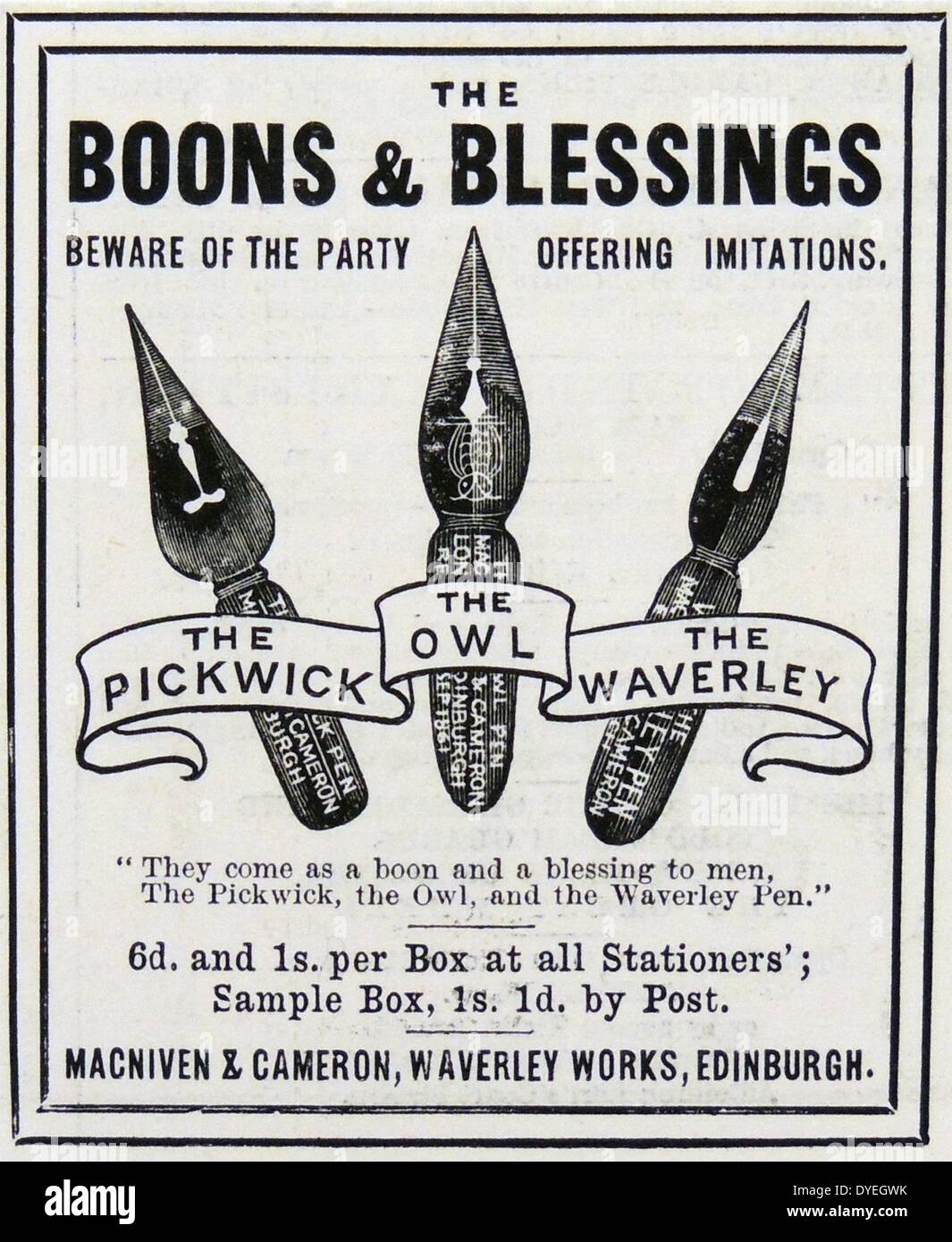 Advertisement for the popular Pickwick, Owl, and Waverley metal pen nibs manufactured in Edinburgh, Scotland. Engraving, 1895. Stock Photo