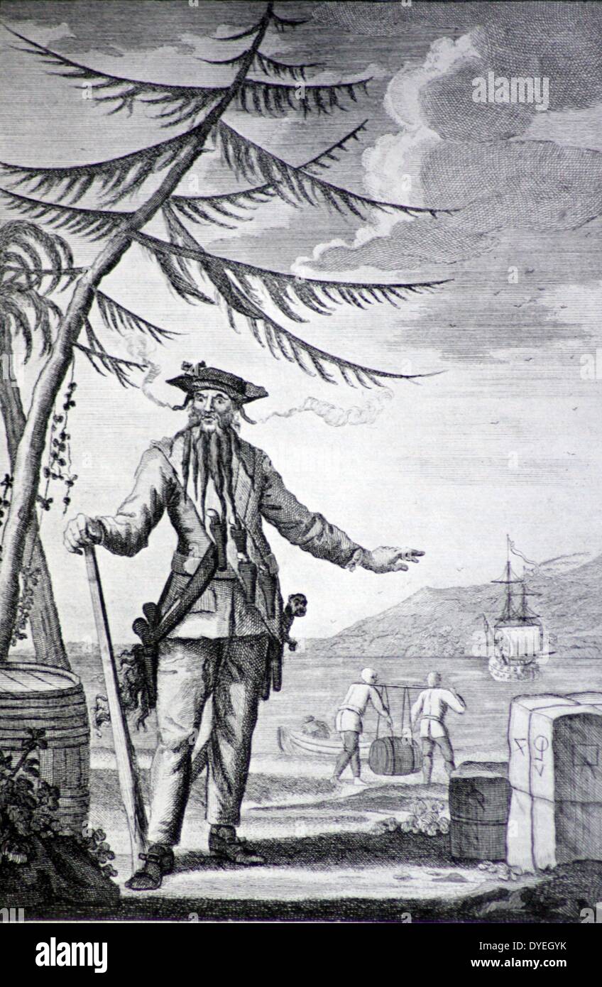 Captain Teach, Generally known as Blackbeard. Teach was one of the most terrifying and from the romantic view the most satisfying of the pirates, for there is no questioning his savagery. The two slow matches which he kept burning under the brim of his hat are characteristics . Stock Photo