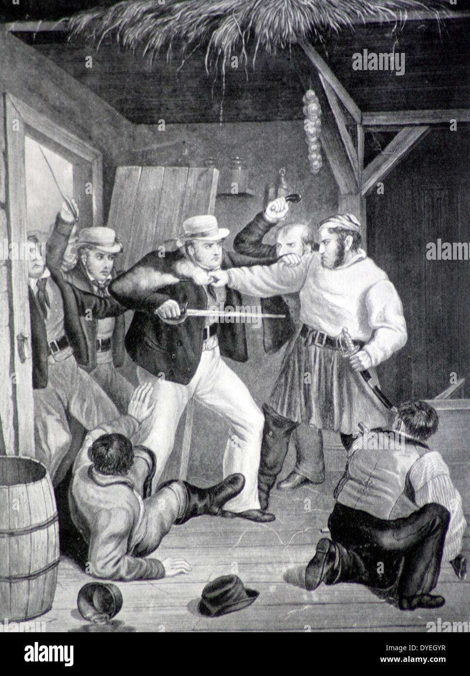 Smugglers surprised by revenue men. From the end of the Napoleonic Wars until the late thirties, the authorities had to take strong measures against the smugglers, especially in Kent and Sussex, and fights between the two were not infrequent. Stock Photo