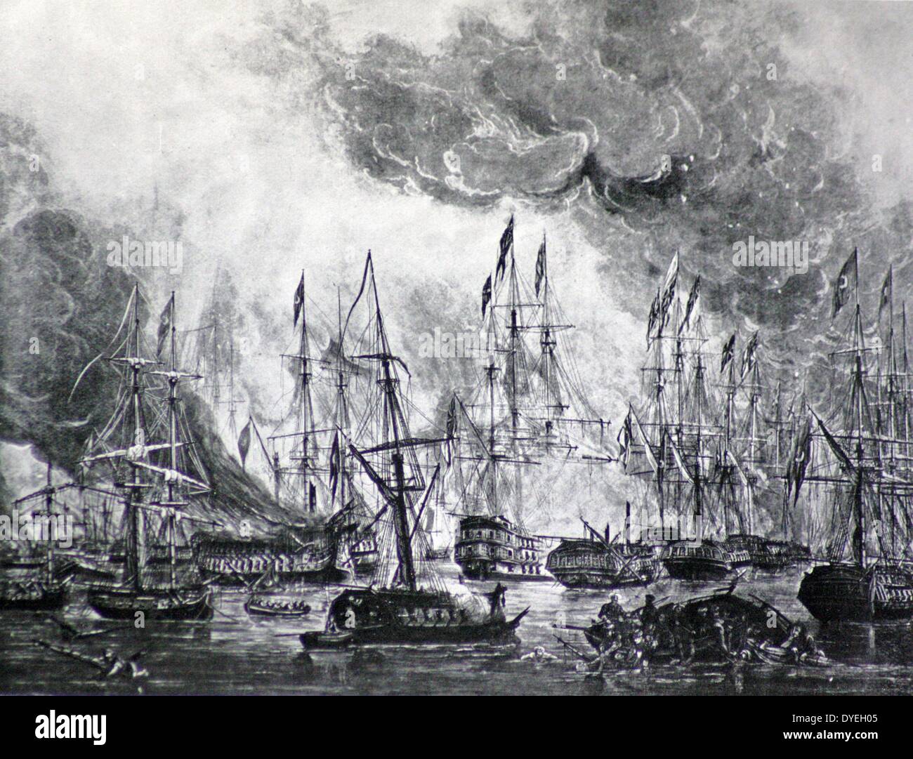The Battle of Navarino, October 1827. The Allies insistence that the Porte should observe the clauses of its agreement led to the destruction of the Turkish Fleet and quite recently to wonderful stories of treasure sunk at the bottom of Navarino Bay. Stock Photo