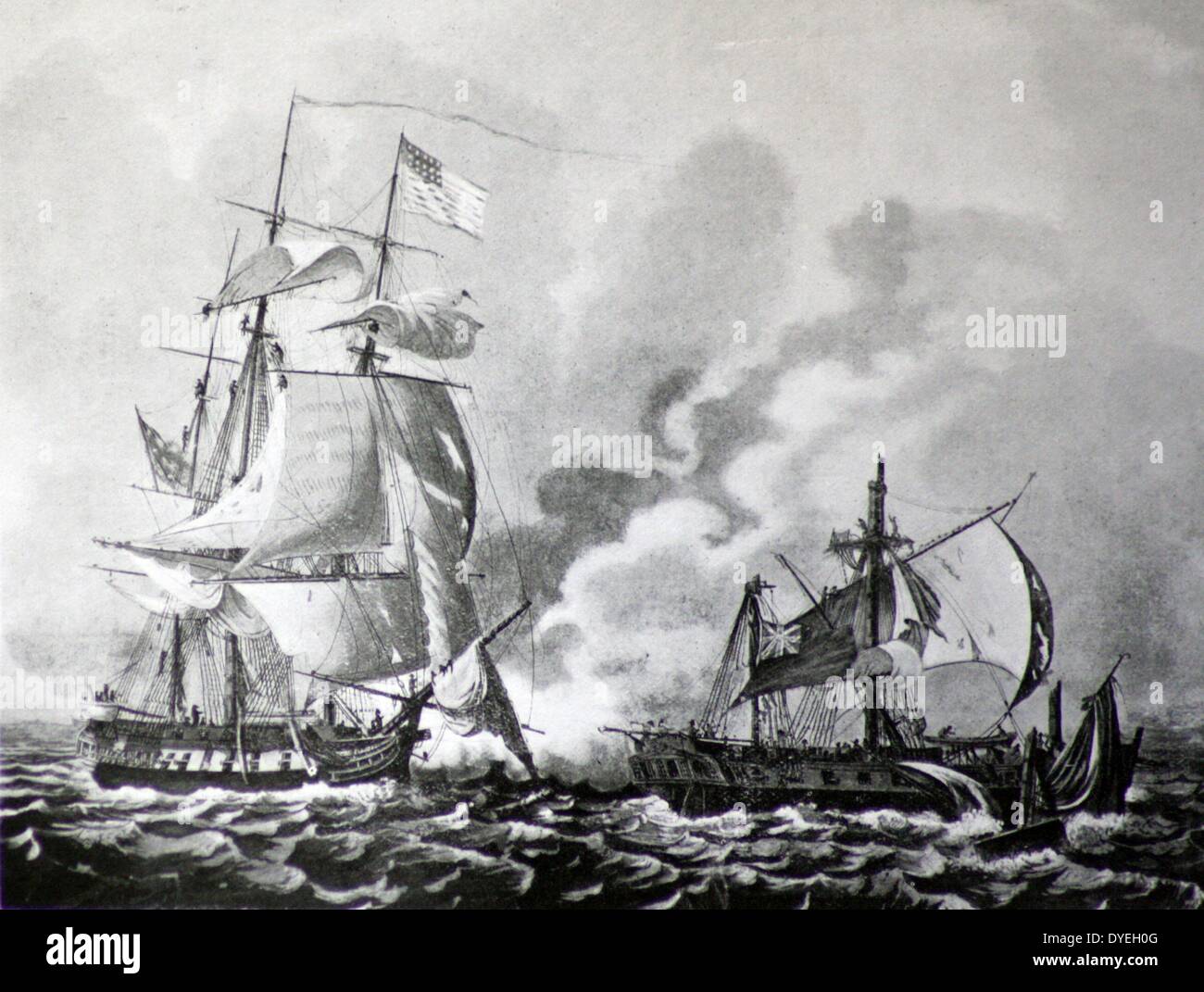Capture of the British frigate 'Java' by the U.S. frigate 'Constitution' off the coast of Brazil, 29 December, 1812. By a very much heavier metal and the superior training of his crew in gunnery, Captain Bainbridge fought the Java to a standstill and forced her to strike. Stock Photo