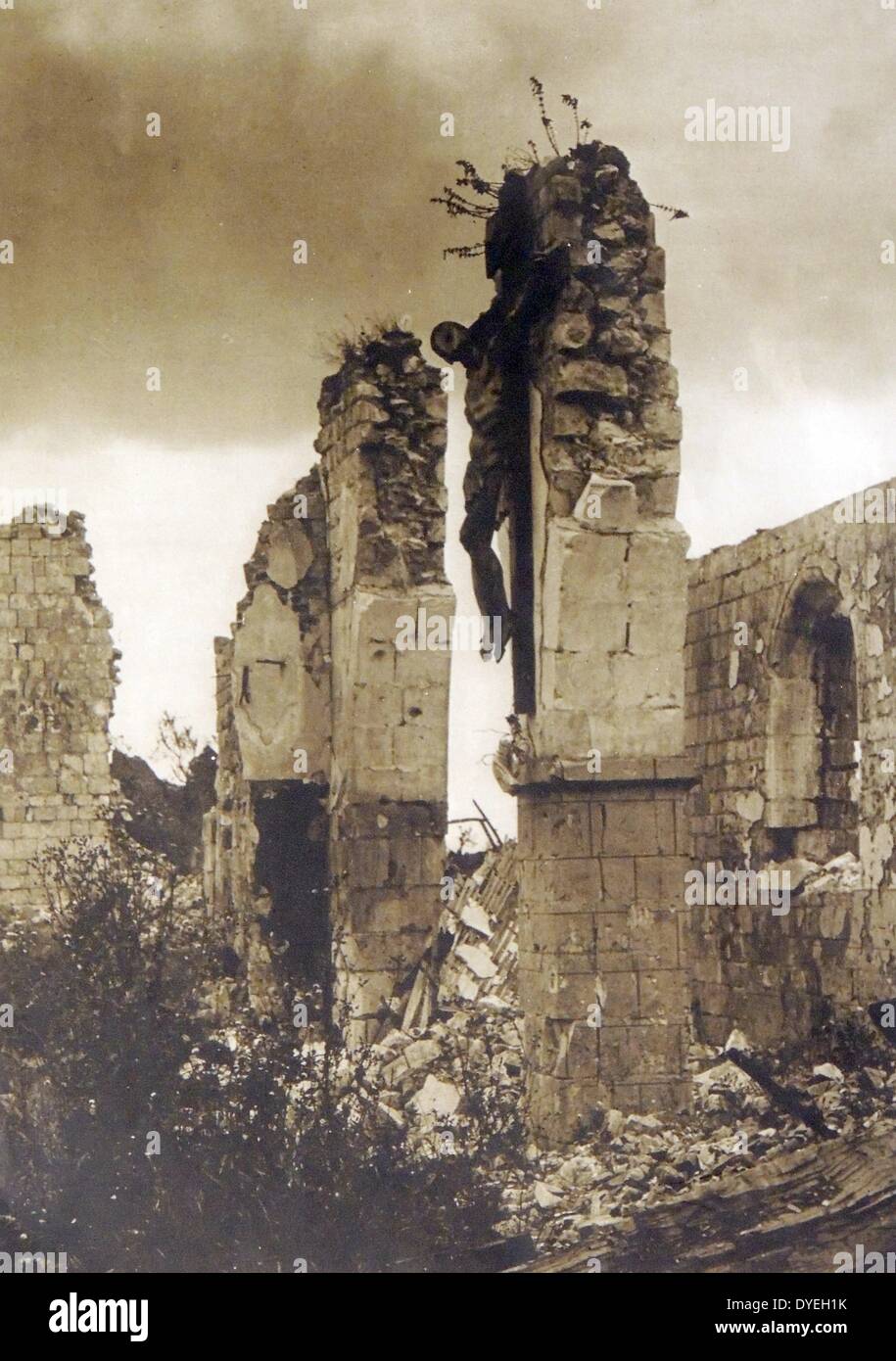 World War 1 - The Region of Picardie is mutilated as wild plants take over in a ruined village church at the front after the Battle of the Somme, 1916. Stock Photo