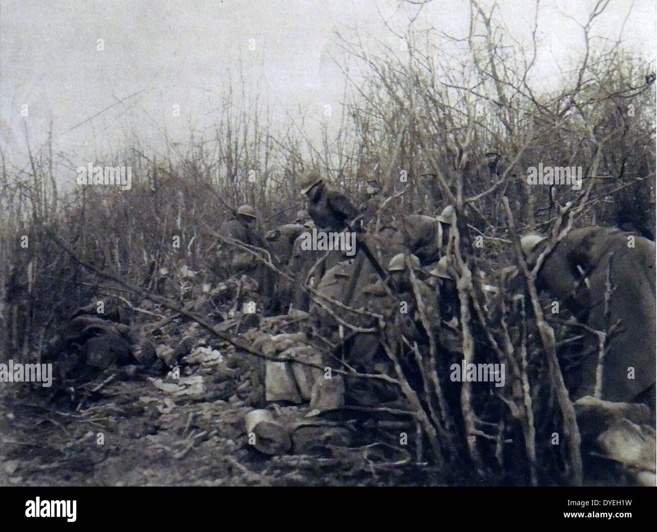 World War 1 French soldiers shelter before the battle continues in