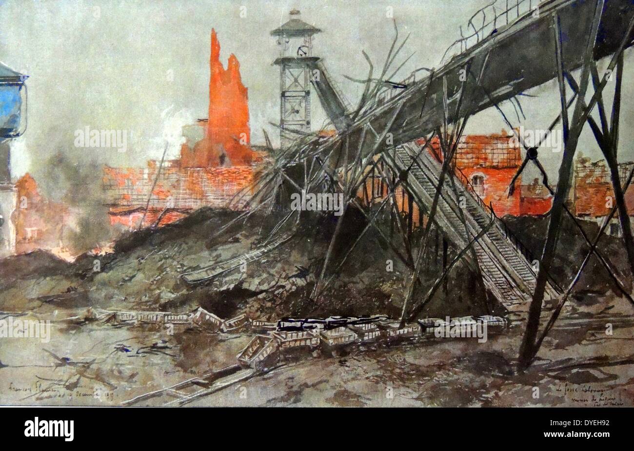 World War 1 - Ruined bridges and rain cards at the bombed Lievin mine in the French province of Artois (1915) Stock Photo