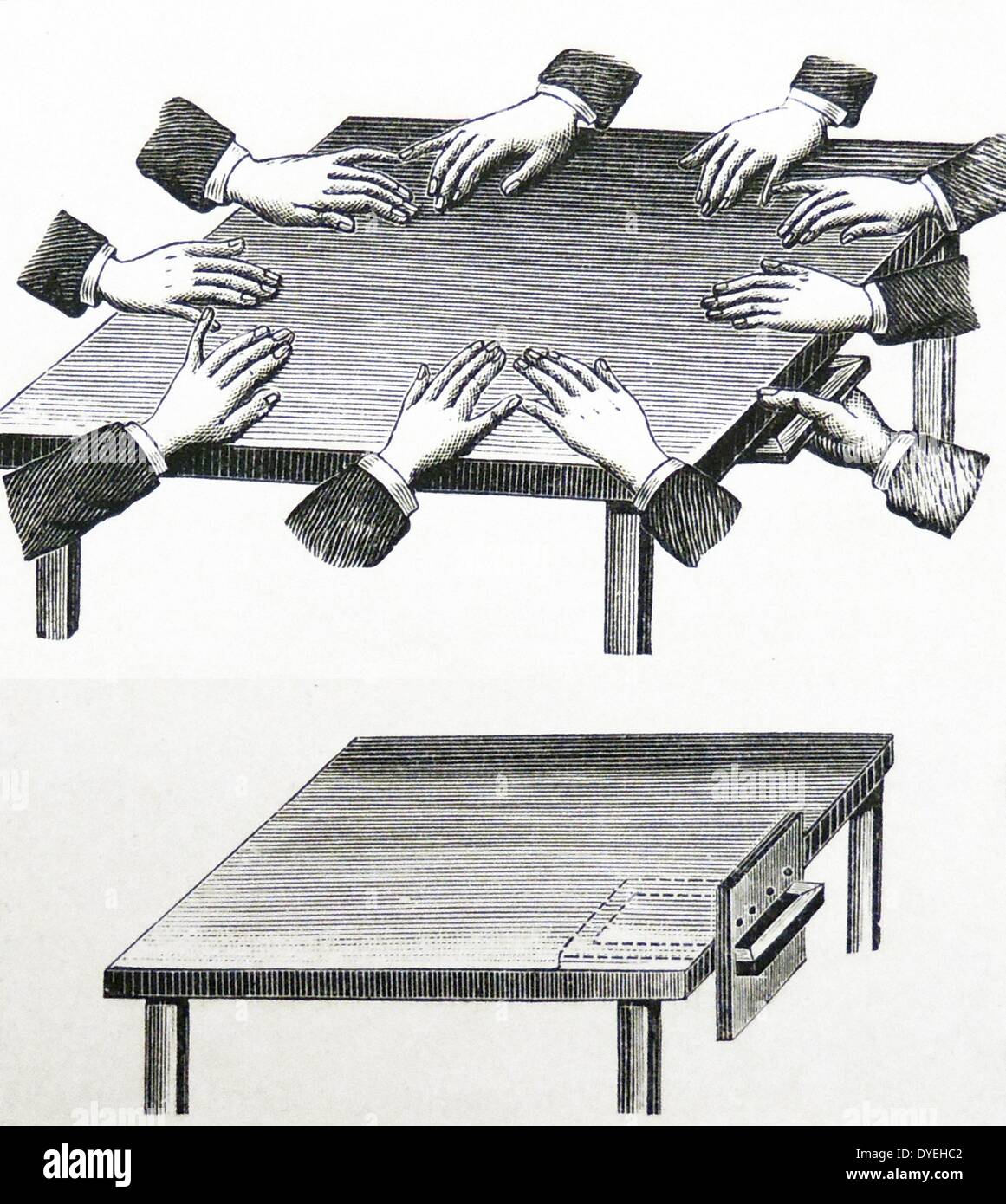 Spirit writing: arrangement of hands on table in order to produce spirit writing on a slate during a séance. At bottom shows tabled adapted for writing through the medium. Engraving, 1895. Stock Photo