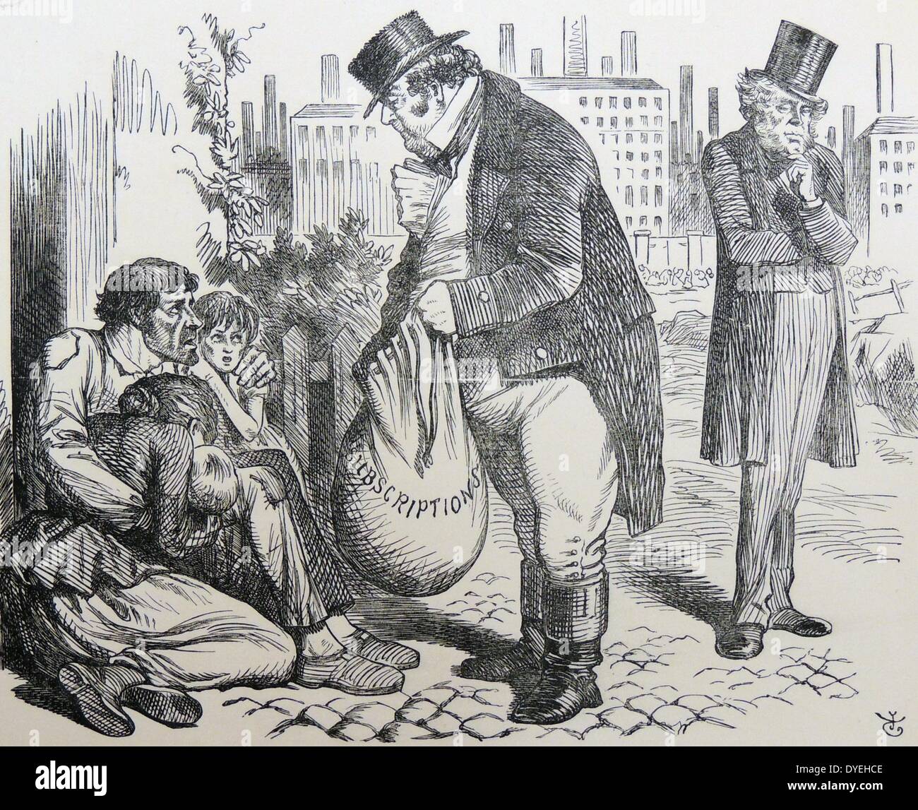 Lancashire Cotton Famine:  Private charity for mill workers unemployed due to blockade of Southern ports during American Civil War told that the Government led by Palmerston must now help them . John Tenniel cartoon from ''Punch'', London, 1862. Stock Photo