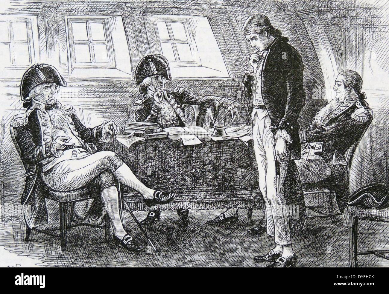 Peter Simple, his midshipman's uniform shrunk by a ducking in the sea,  before the naval  examination board. Illustration of 1882 from ''Peter Simple'' by Captain Marryat, originally published 1832. Stock Photo