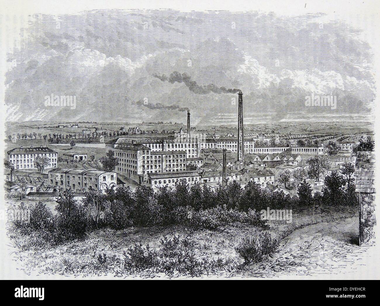 Bessbrook Mills and village, County Armach, Ireland, developed in mid-nineteenth century by the Quaker, John Grubb Richardson.  It included a Meeting House, chapels, churches, dispensary, school, and workers' cottages but no public house. Called the Irish Saltaire.  Engraving, London, c1885. Stock Photo