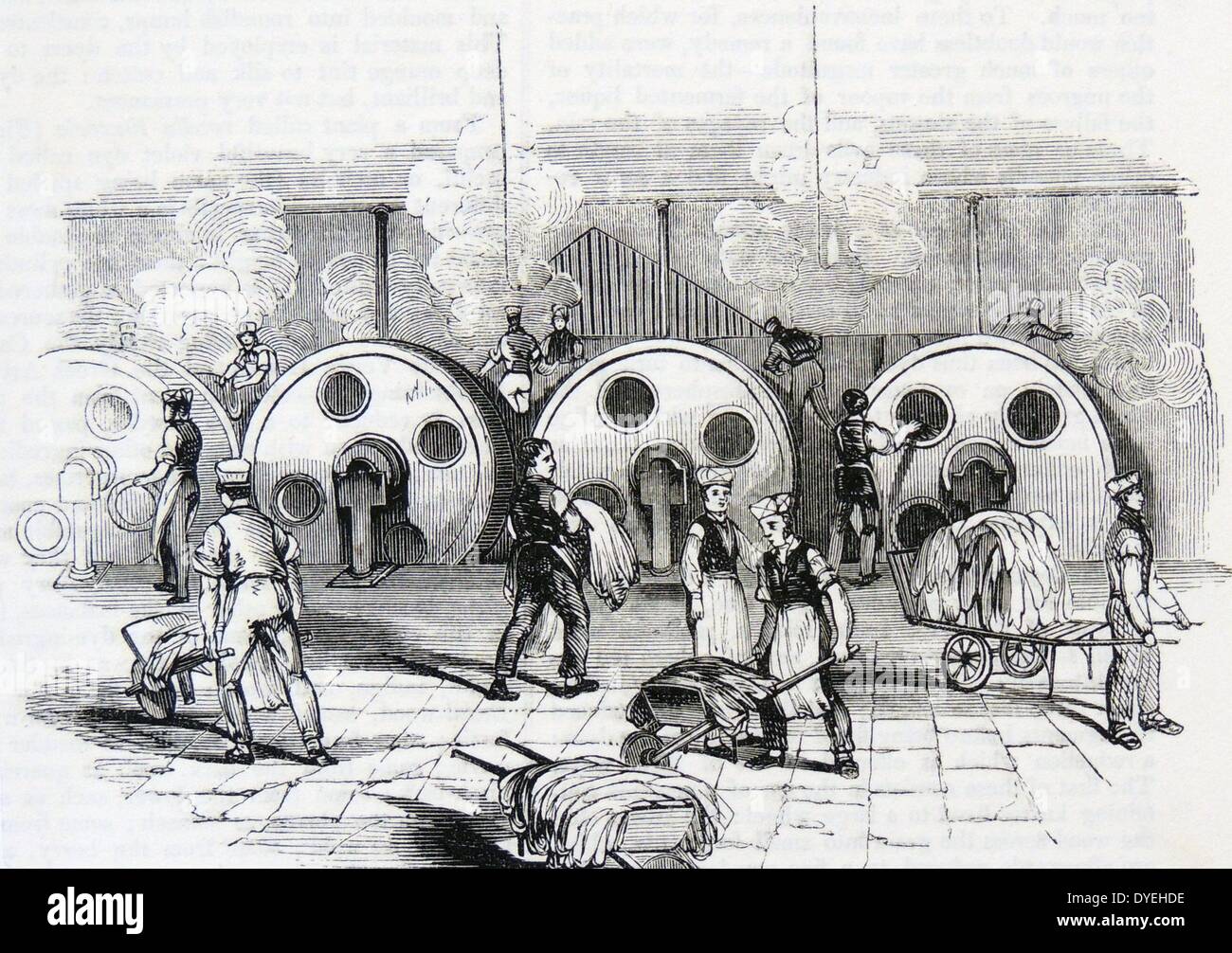 Dash wheels, Thomas Hoyle & Sons' works, Dunkinfield, Manchester, Lancashire, England.  Cloth and water rotated in drums, so rinsing the cloth. Engraving, London, 1843. Stock Photo