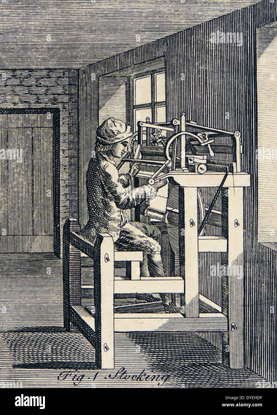 Workman seated at a stocking frame. Copperplate engraving London, 1764. Stock Photo