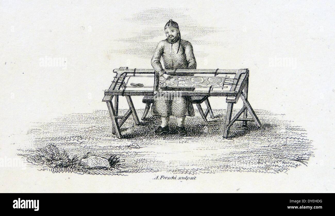 Chinese male embroiderer seated at his embroidery frame. Engraving, London, 1812. Stock Photo